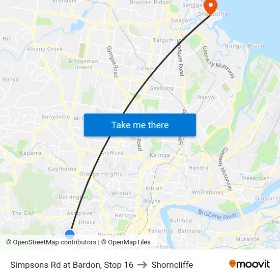 Simpsons Rd at Bardon, Stop 16 to Shorncliffe map