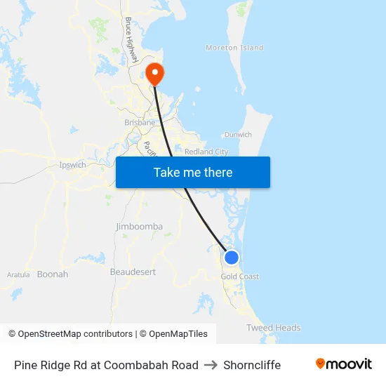 Pine Ridge Rd at Coombabah Road to Shorncliffe map