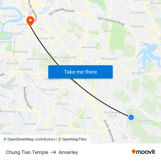 Chung Tian Temple to Annerley map