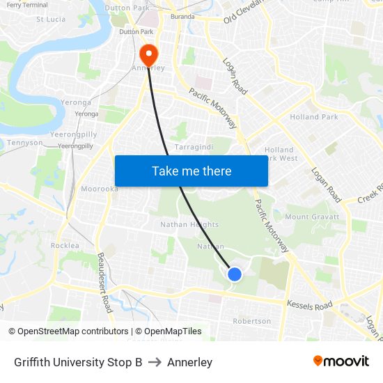 Griffith University Stop B to Annerley map