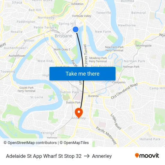 Adelaide St App Wharf St Stop 32 to Annerley map