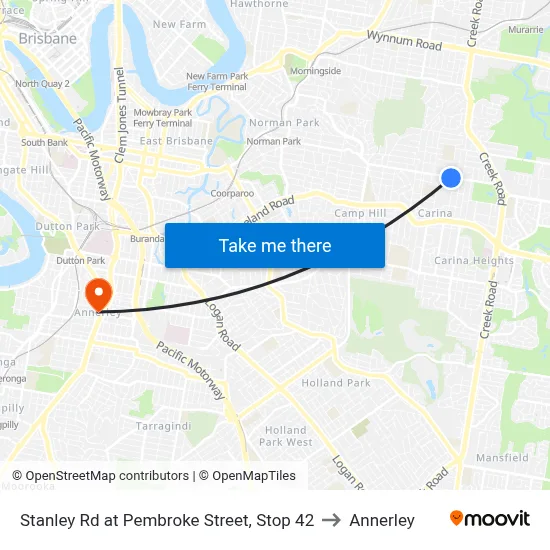 Stanley Rd at Pembroke Street, Stop 42 to Annerley map