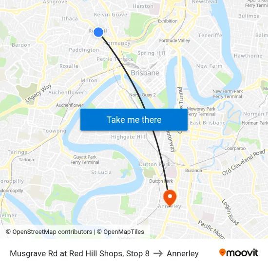Musgrave Rd at Red Hill Shops, Stop 8 to Annerley map
