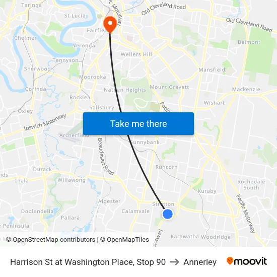 Harrison St at Washington Place, Stop 90 to Annerley map