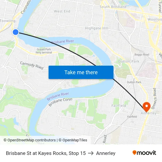 Brisbane St at Kayes Rocks, Stop 15 to Annerley map