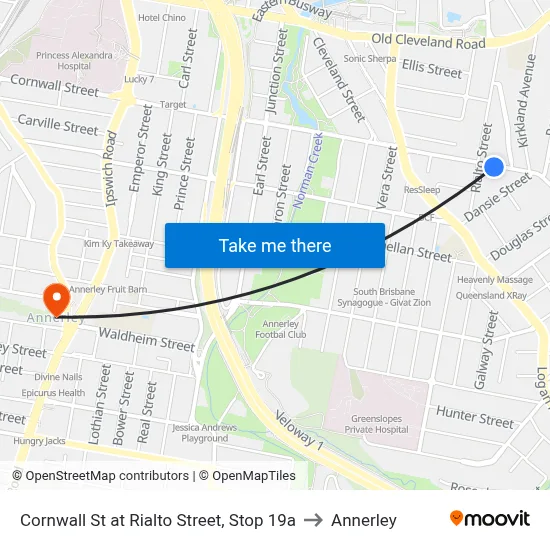 Cornwall St at Rialto Street, Stop 19a to Annerley map
