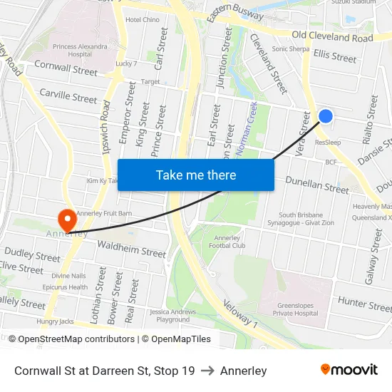 Cornwall St at Darreen St, Stop 19 to Annerley map