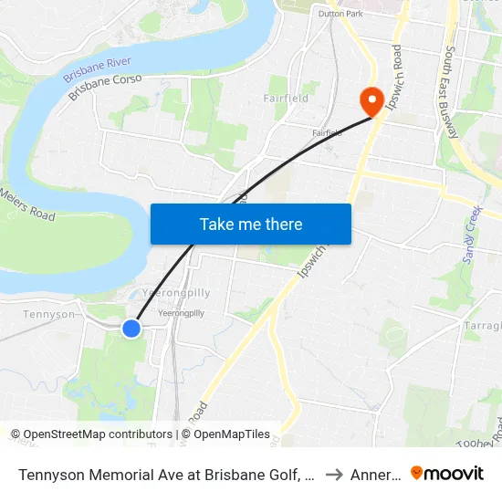 Tennyson Memorial Ave at Brisbane Golf, Stop 36 to Annerley map