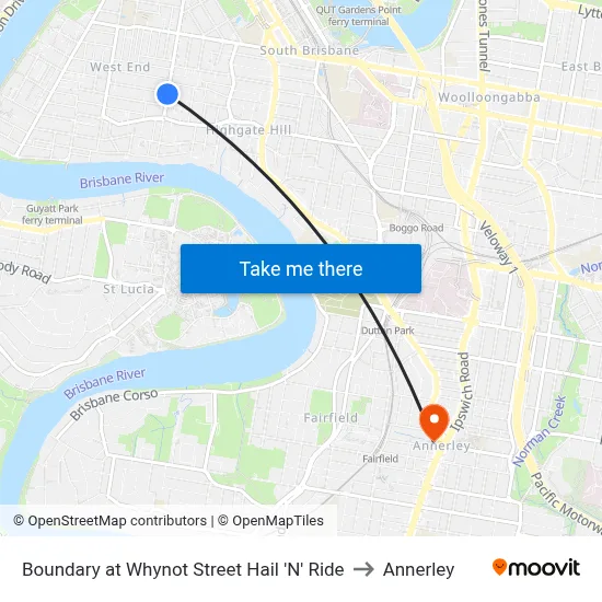 Boundary at Whynot Street Hail 'N' Ride to Annerley map