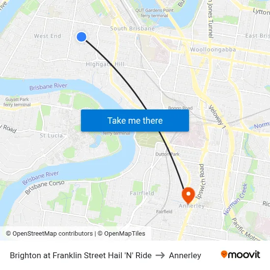 Brighton at Franklin Street Hail 'N' Ride to Annerley map