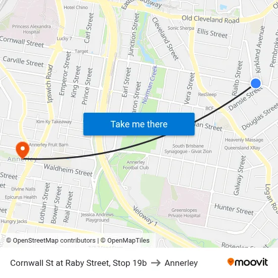 Cornwall St at Raby Street, Stop 19b to Annerley map