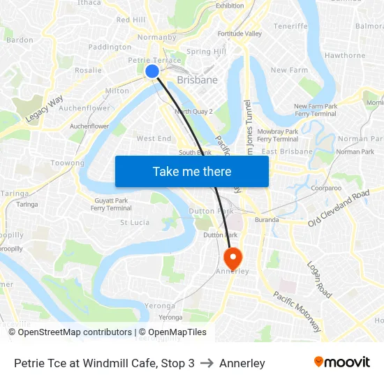 Petrie Tce at Windmill Cafe, Stop 3 to Annerley map
