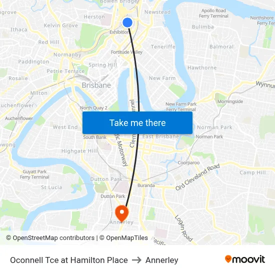 Oconnell Tce at Hamilton Place to Annerley map