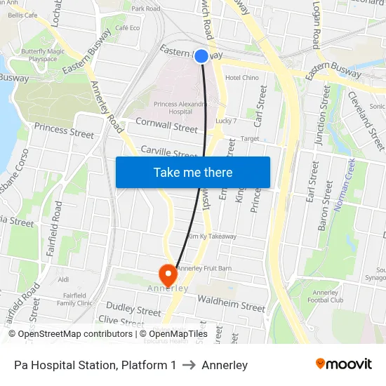 Pa Hospital Station, Platform 1 to Annerley map