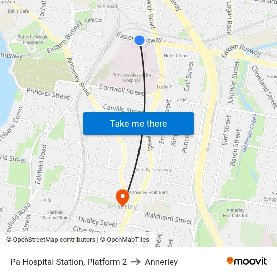 Pa Hospital Station, Platform 2 to Annerley map