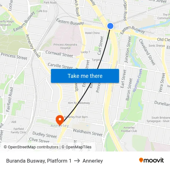 Buranda Busway, Platform 1 to Annerley map
