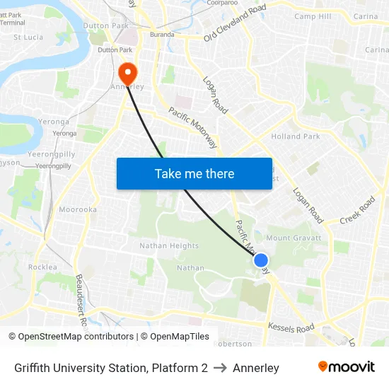Griffith University Station, Platform 2 to Annerley map