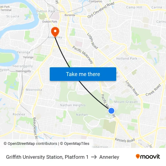 Griffith University Station, Platform 1 to Annerley map