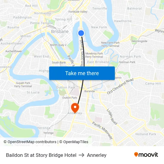 Baildon St at Story Bridge Hotel to Annerley map