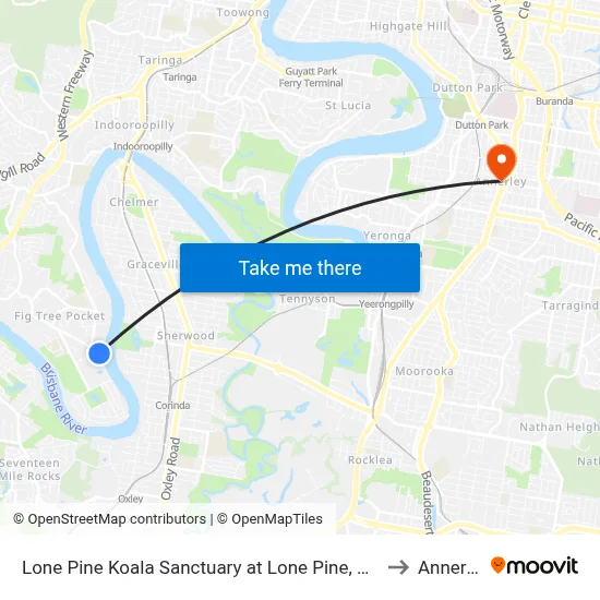 Lone Pine Koala Sanctuary at Lone Pine, Stop 42 to Annerley map