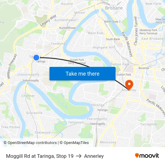 Moggill Rd at Taringa, Stop 19 to Annerley map