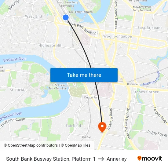 South Bank Busway Station, Platform 1 to Annerley map