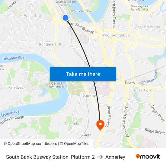 South Bank Busway Station, Platform 2 to Annerley map