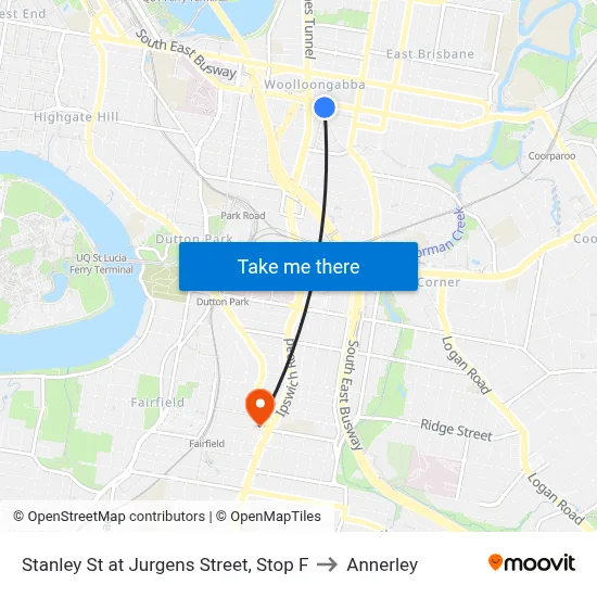 Stanley St at Jurgens Street, Stop F to Annerley map