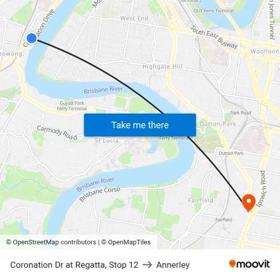 Coronation Dr at Regatta, Stop 12 to Annerley map