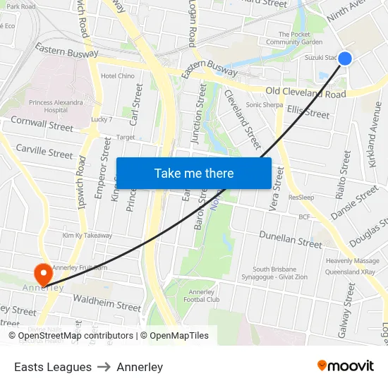 Easts Leagues to Annerley map