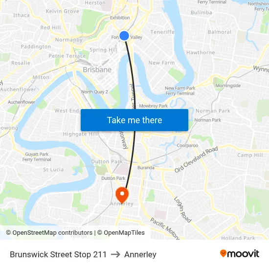 Brunswick Street Stop 211 to Annerley map