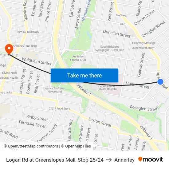 Logan Rd at Greenslopes Mall, Stop 25/24 to Annerley map
