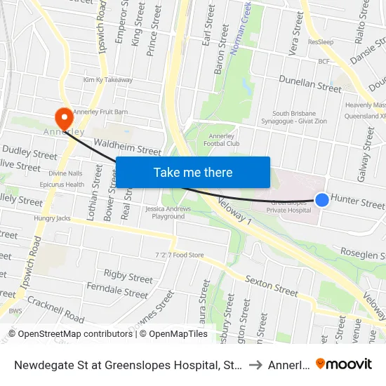 Newdegate St at Greenslopes Hospital, Stop 23 to Annerley map