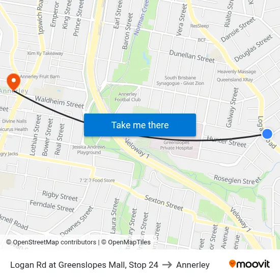 Logan Rd at Greenslopes Mall, Stop 24 to Annerley map
