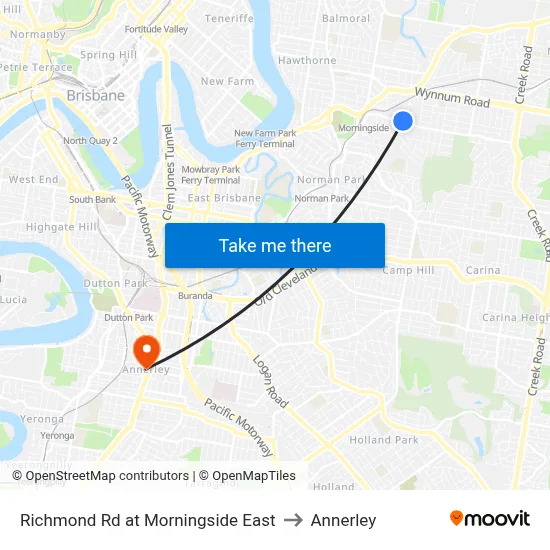 Richmond Rd at Morningside East to Annerley map