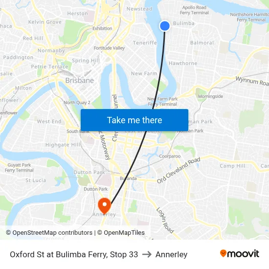 Oxford St at Bulimba Ferry, Stop 33 to Annerley map