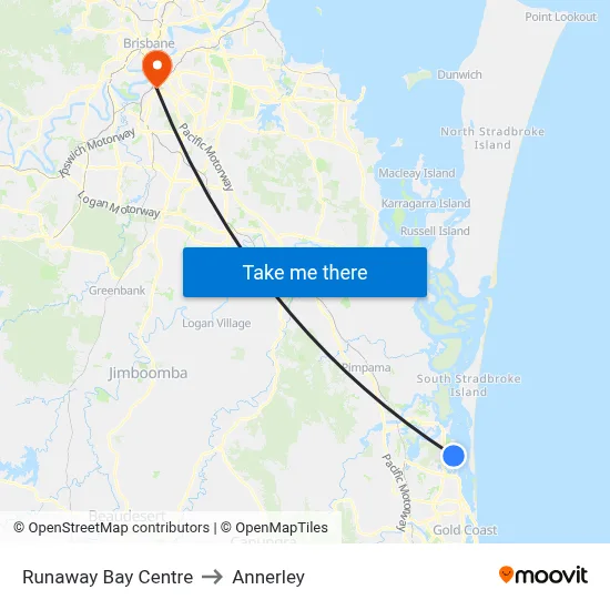 Runaway Bay Centre to Annerley map