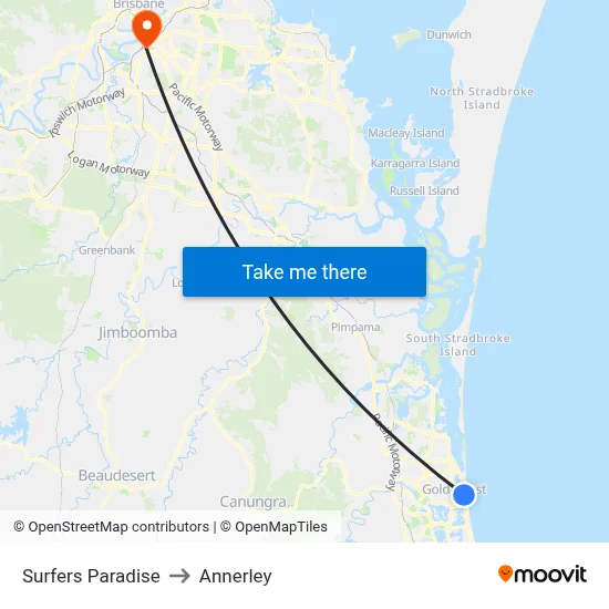 Surfers Paradise to Annerley map