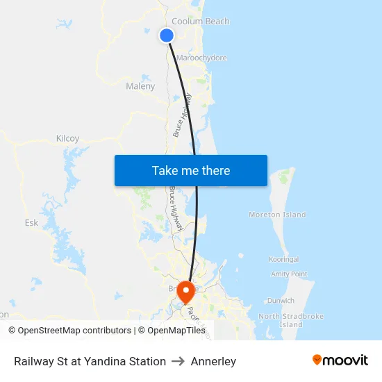 Railway St at Yandina Station to Annerley map