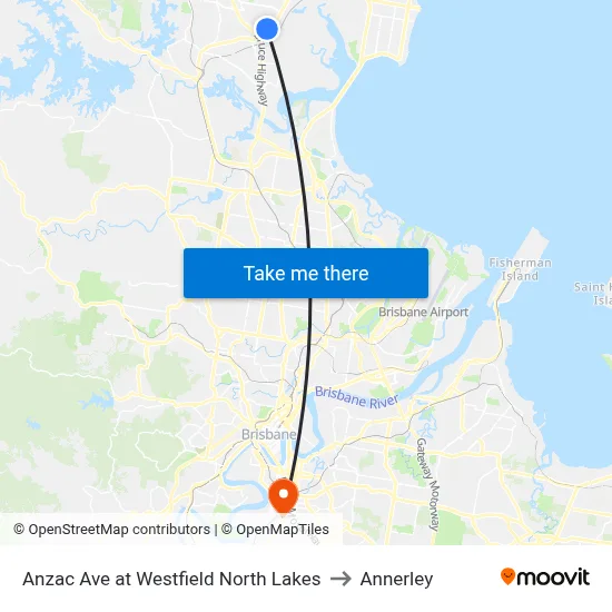 Anzac Ave at Westfield North Lakes to Annerley map