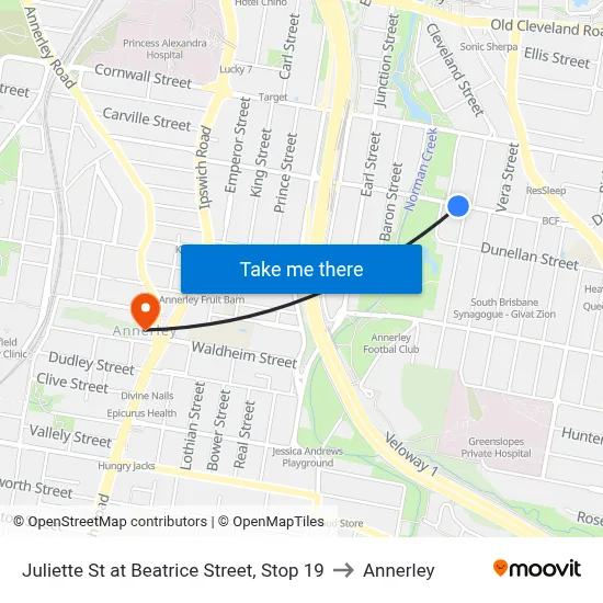 Juliette St at Beatrice Street, Stop 19 to Annerley map