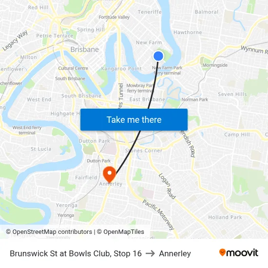 Brunswick St at Bowls Club, Stop 16 to Annerley map