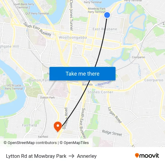 Lytton Rd at Mowbray Park to Annerley map