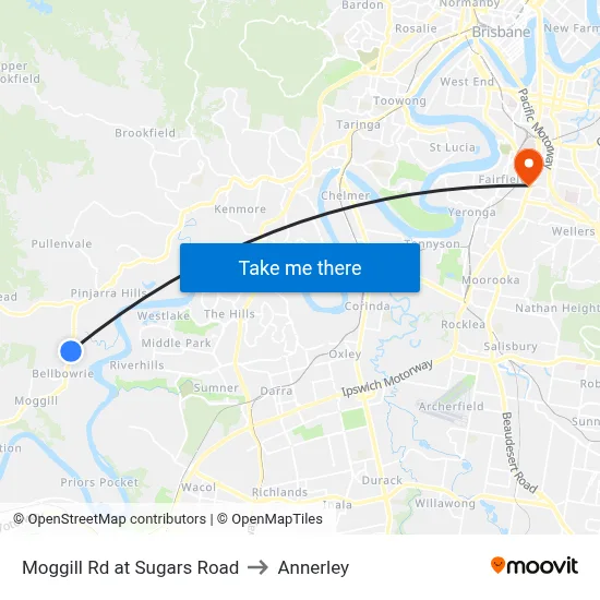 Moggill Rd at Sugars Road to Annerley map