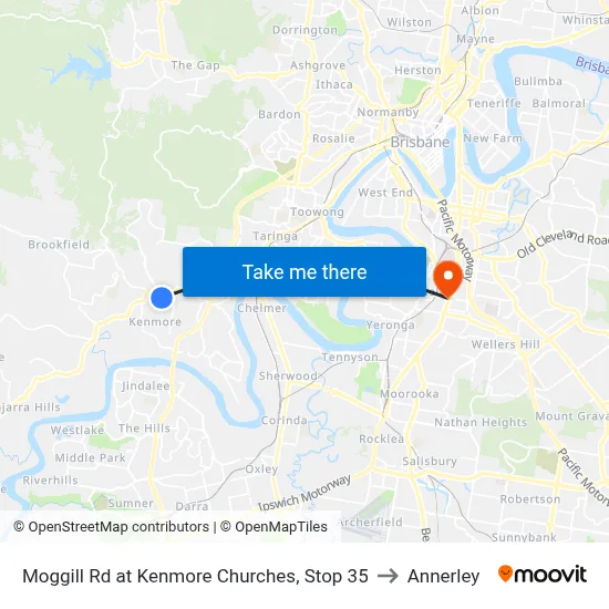 Moggill Rd at Kenmore Churches, Stop 35 to Annerley map