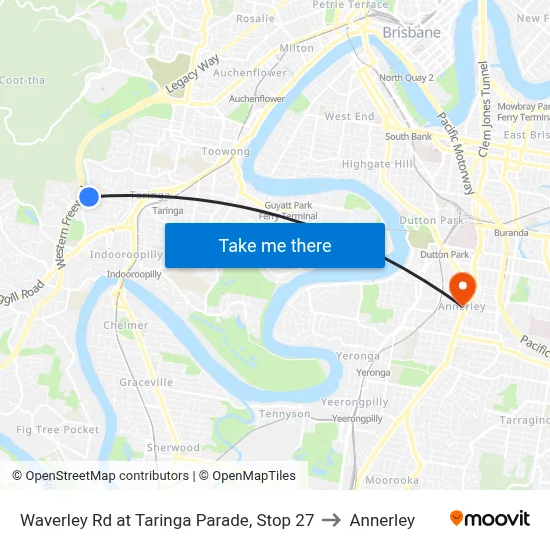 Waverley Rd at Taringa Parade, Stop 27 to Annerley map