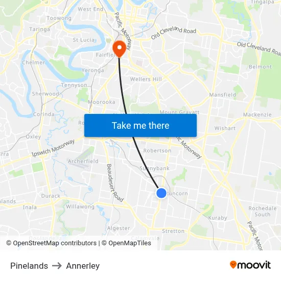 Pinelands to Annerley map