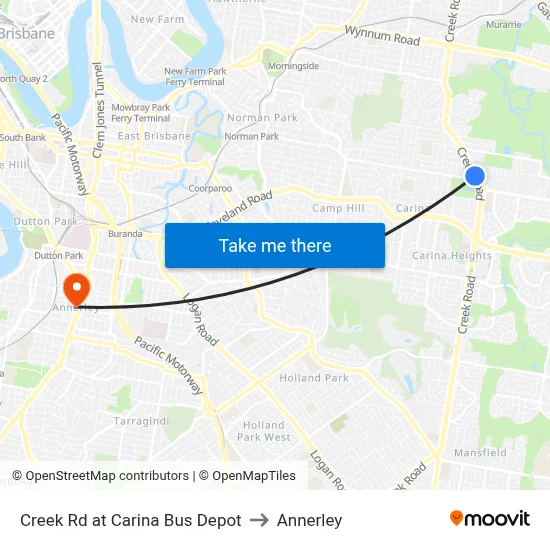 Creek Rd at Carina Bus Depot to Annerley map