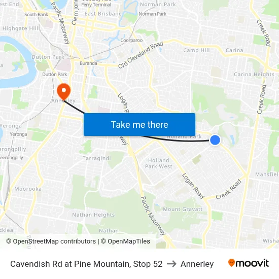 Cavendish Rd at Pine Mountain, Stop 52 to Annerley map