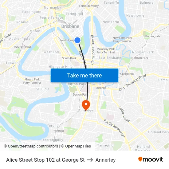 Alice Street Stop 102 at George St to Annerley map